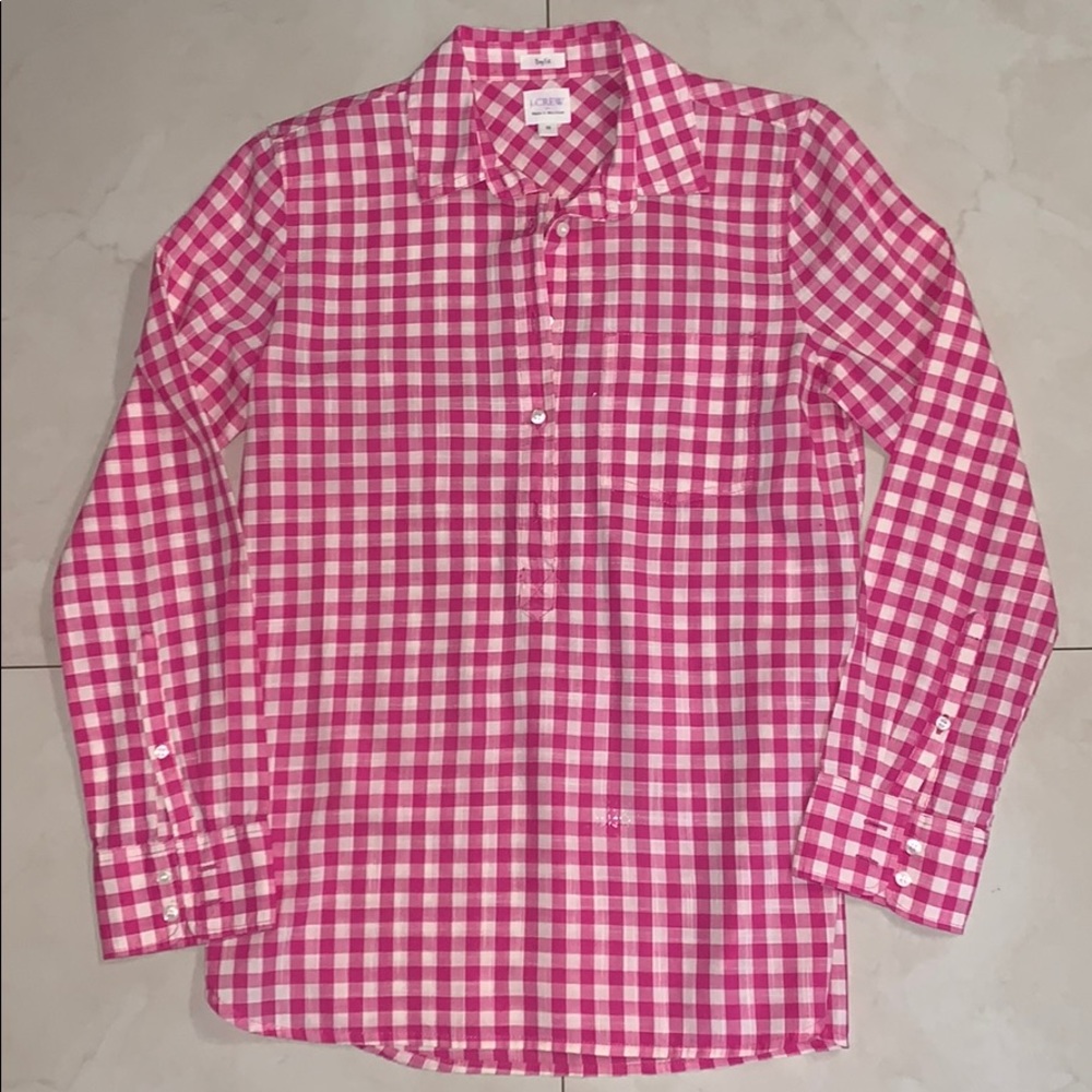 J. Crew pink gingham women’s half button down
